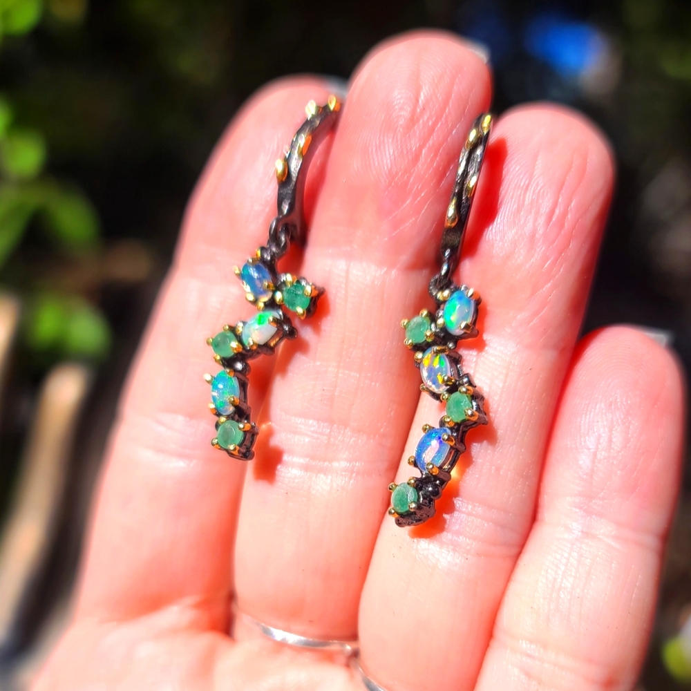 Opal & Emerald Starline sterling rhodium & gold earrings